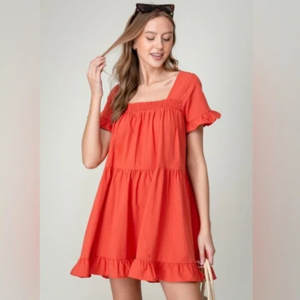 NWT Lumiere - Square Neck Babydoll Mini Ruffle Cotton Dress - Size Large